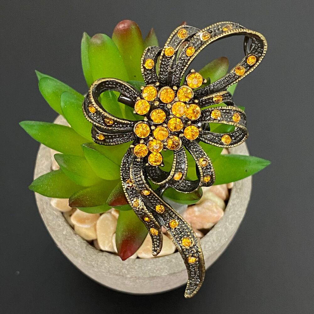 Vintage Topaz Yellow Rhinestone Bow Brooch Pendant Dark Academia Goth Pin